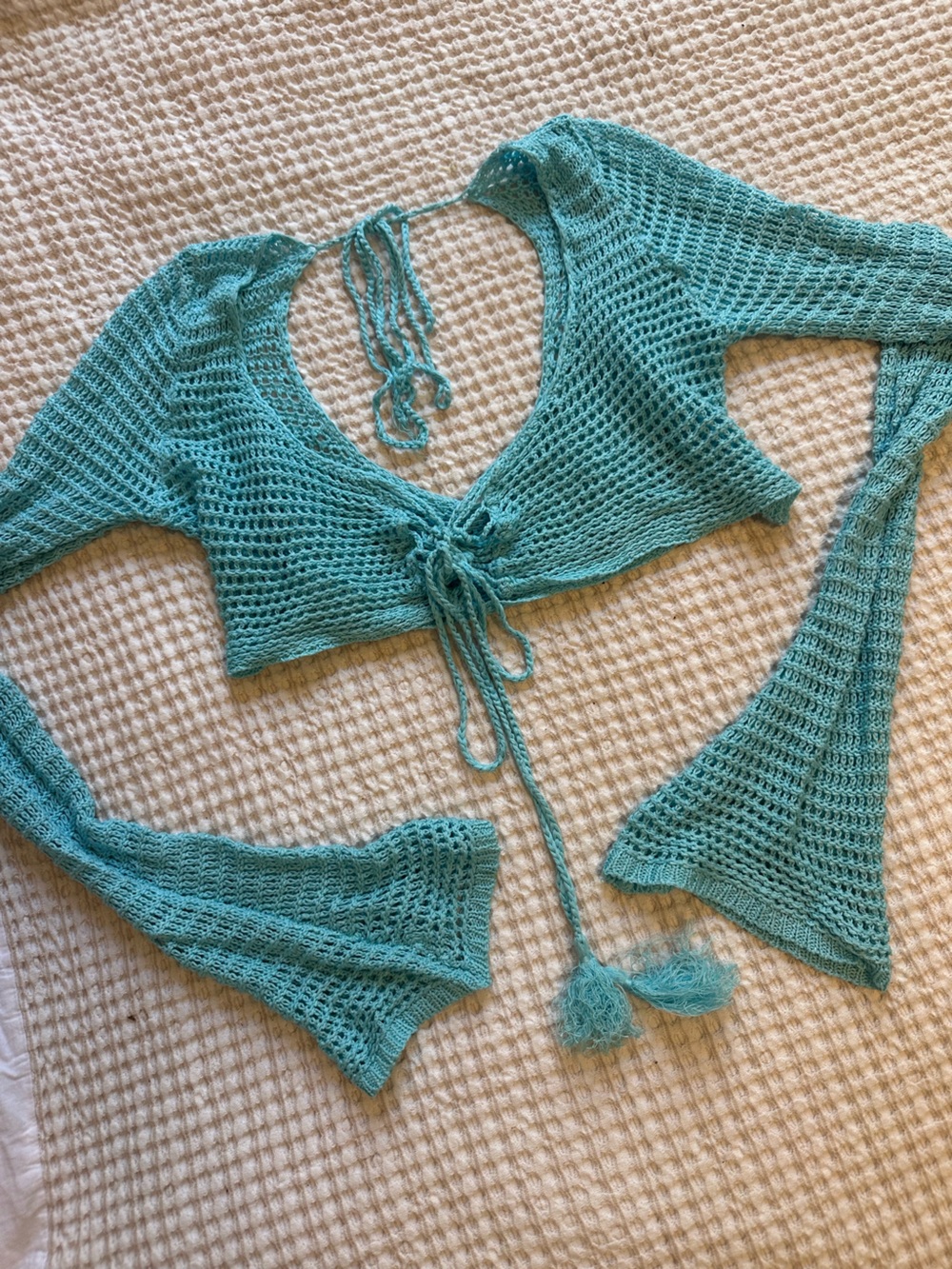 Blue Crochet Tie-Front Crop Top